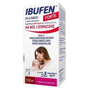 Ibufen dla dzieci Forte, syrop o działaniu przeciwbólowym i przeciwgorączkowym dla dzieci o smaku malinowym, 100 ml