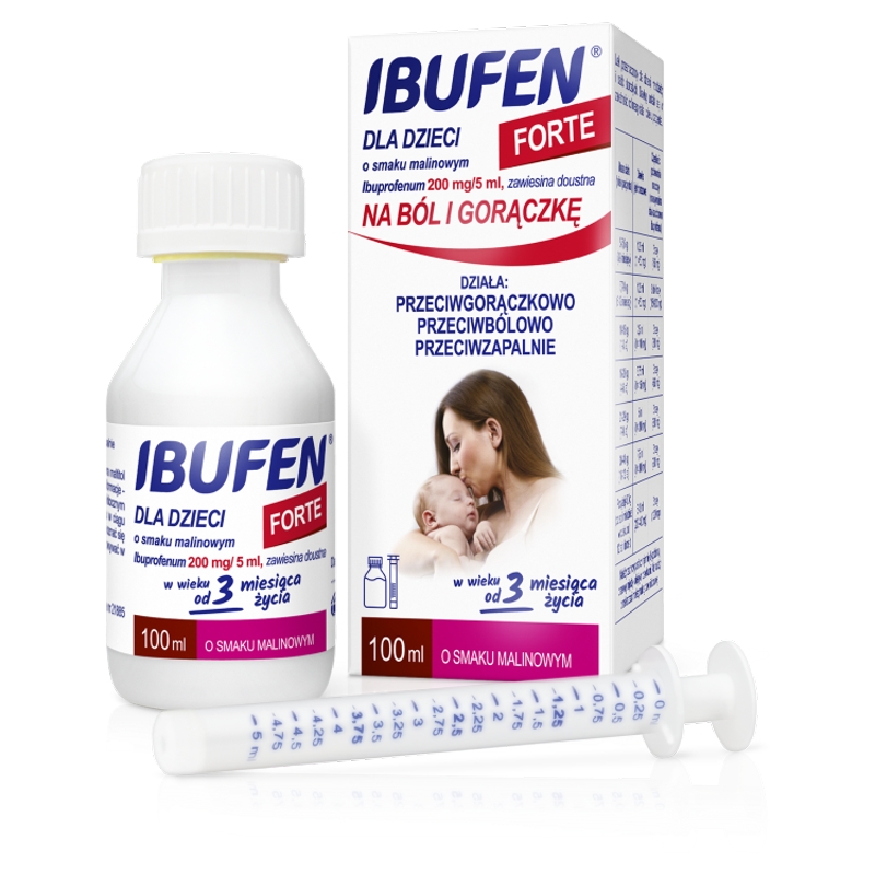 Ibufen dla dzieci Forte, syrop o działaniu przeciwbólowym i przeciwgorączkowym dla dzieci o smaku malinowym, 100 ml