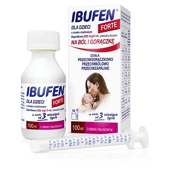 Ibufen dla dzieci Forte, syrop o działaniu przeciwbólowym i przeciwgorączkowym dla dzieci o smaku malinowym, 100 ml