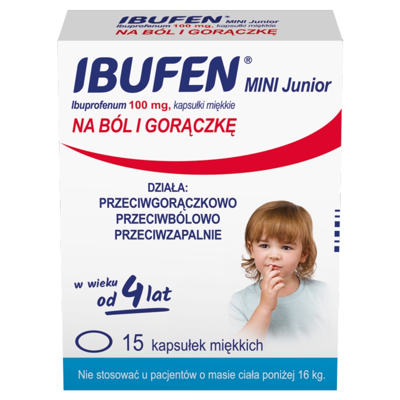 Ibufen mini Junior, kapsułki na ból słaby i umiarkowany, stany gorączkowe, 15 szt.