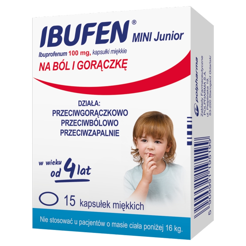 Ibufen mini Junior, kapsułki na ból słaby i umiarkowany, stany gorączkowe, 15 szt.