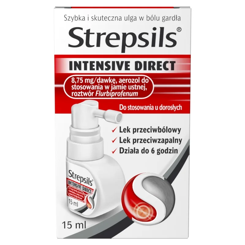 Strepsils Intensive Direct, aerozol na ból gardła, butelka 15 ml KRÓTKA DATA 31.07.2026