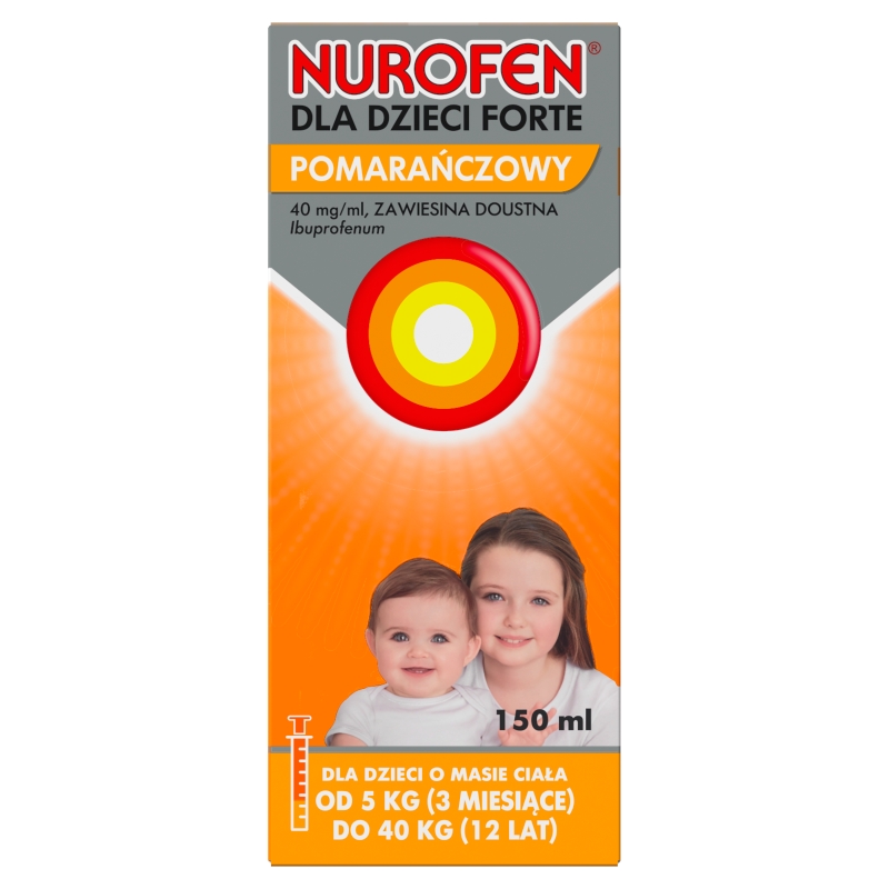 Nurofen Forte dla dzieci, syrop przeciwbólowy i przeciwgorączkowy o smaku pomarańczowym, 150 ml