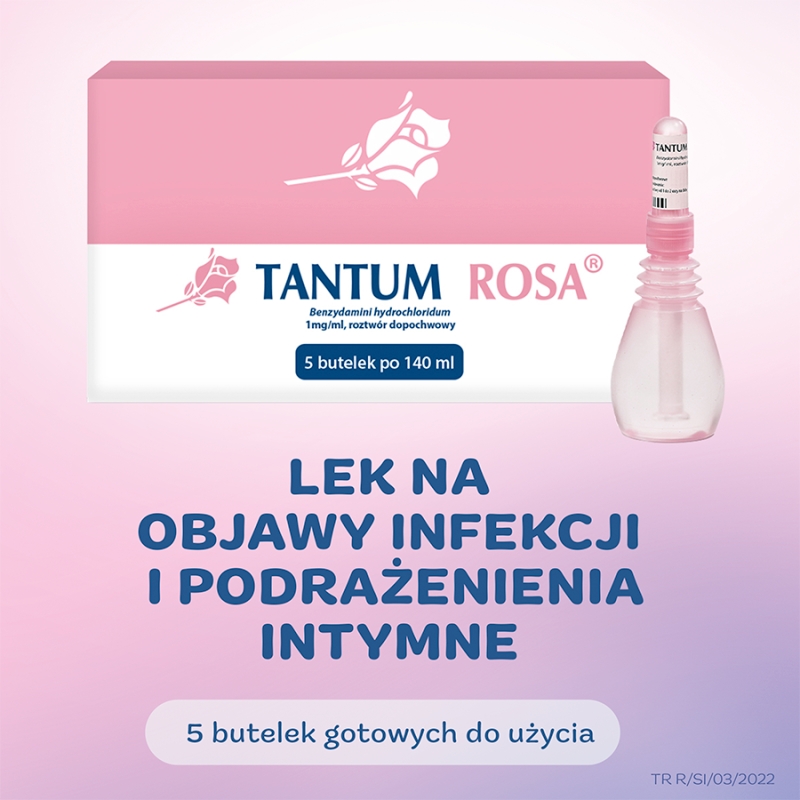 Tantum Rosa, roztwór dopochwowy na objawy infekcji i podrażnienia intymne,  5 buteleczek x 140 ml