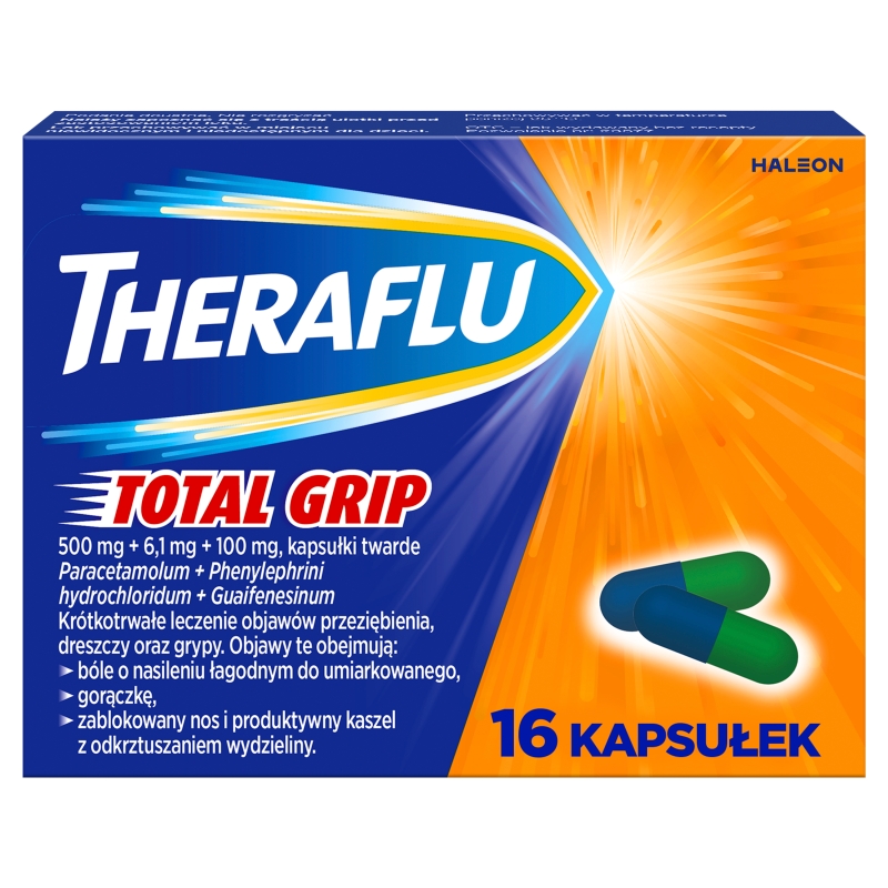 Theraflu Total Grip, kapsułki na objawy przeziębienia, grypy oraz dreszcze, 16 szt.