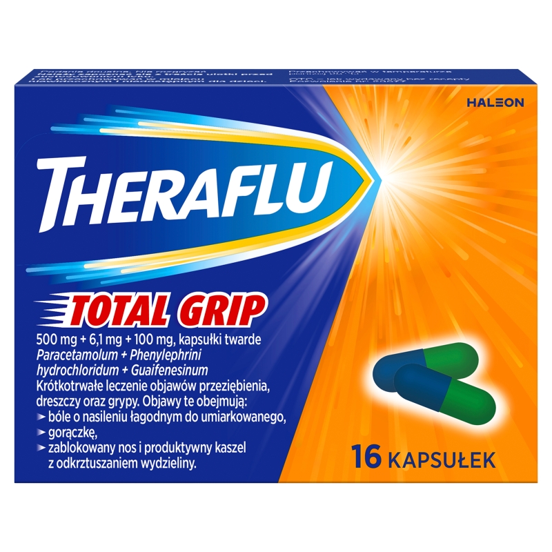 Theraflu Total Grip kapsułki na objawy przeziębienia, grypy oraz dreszcze, 16 szt.