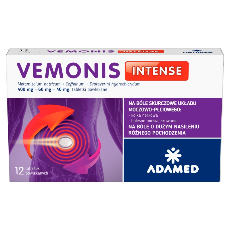 Vemonis Intense, tabletki rozkurczowe na bolesne miesiączkowanie, 12 szt.