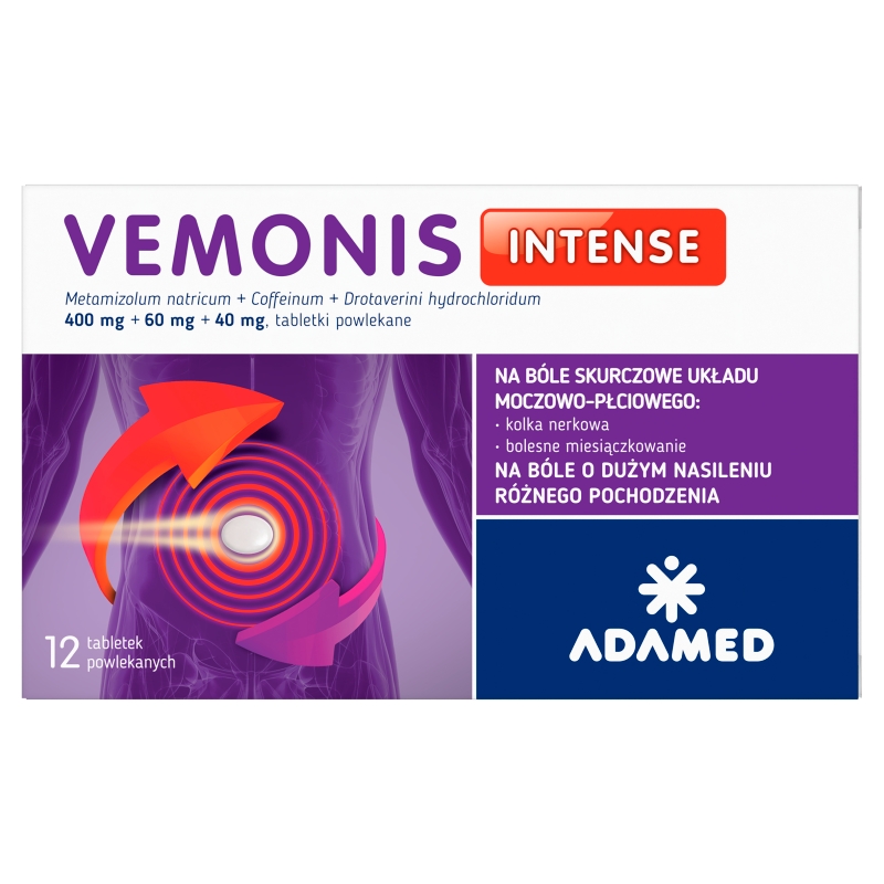 Vemonis Intense, tabletki rozkurczowe na bolesne miesiączkowanie, 12 szt.