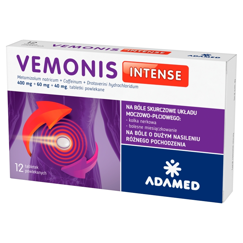 Vemonis Intense, tabletki rozkurczowe na bolesne miesiączkowanie, 12 szt.