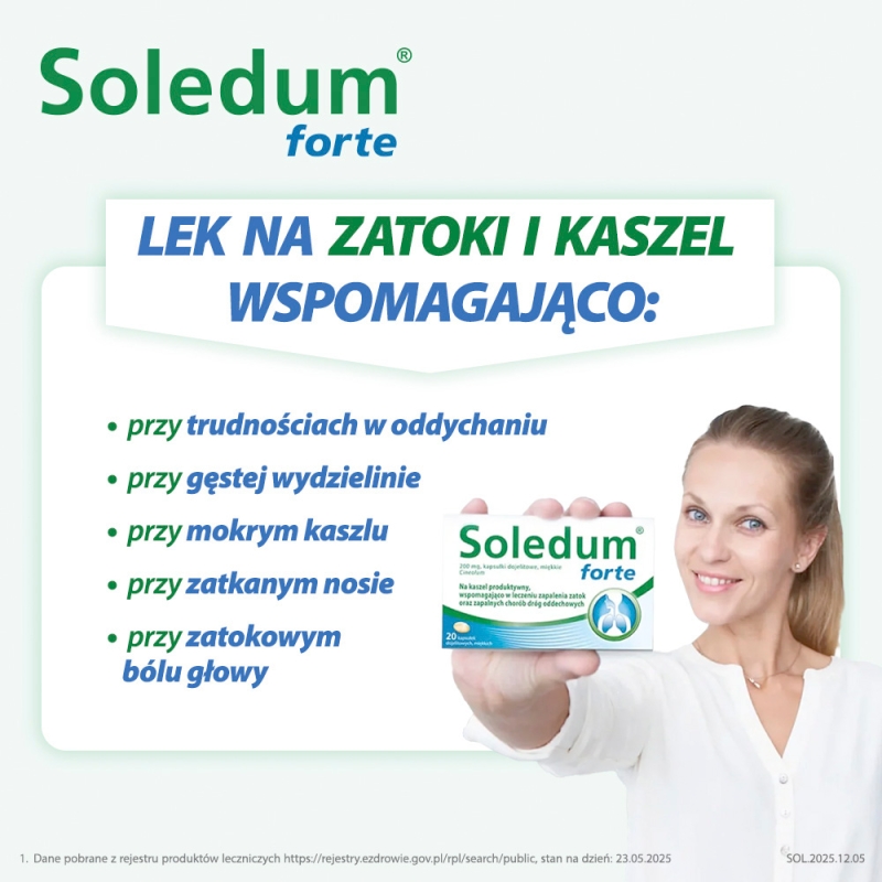 Soledum forte , kapsułki wspomagające w kaszlu i leczeniu zapalenia zatok, 20 szt.