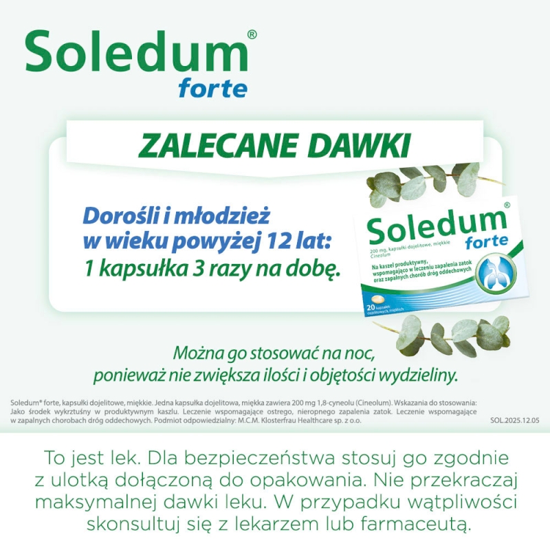 Soledum forte , kapsułki wspomagające w kaszlu i leczeniu zapalenia zatok, 20 szt.