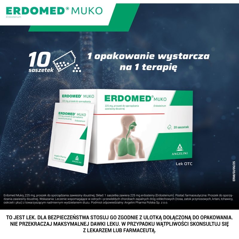 Erdomed Muko, proszek na stany zapalne dróg oddechowych, 10 sasz.