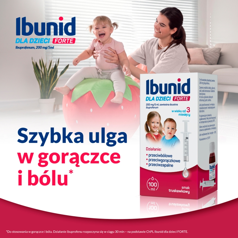 Ibunid dla dzieci Forte, zawiesina doustna przeciwbólowa i przeciwgorączkowa o smaku truskawkowym, 100 ml