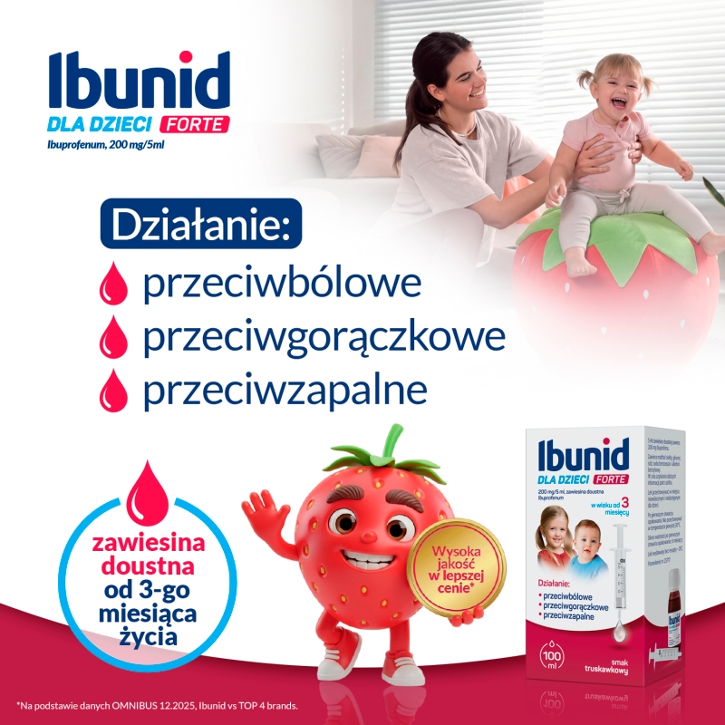 Ibunid dla dzieci Forte, zawiesina doustna przeciwbólowa i przeciwgorączkowa o smaku truskawkowym, 100 ml
