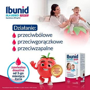 Ibunid dla dzieci Forte, zawiesina doustna przeciwbólowa i przeciwgorączkowa o smaku truskawkowym, 100 ml