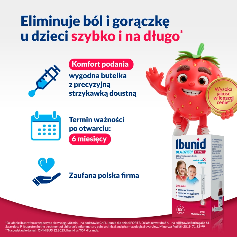 Ibunid dla dzieci Forte, zawiesina doustna przeciwbólowa i przeciwgorączkowa o smaku truskawkowym, 100 ml