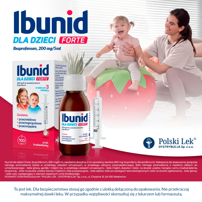 Ibunid dla dzieci Forte, zawiesina doustna przeciwbólowa i przeciwgorączkowa o smaku truskawkowym, 100 ml