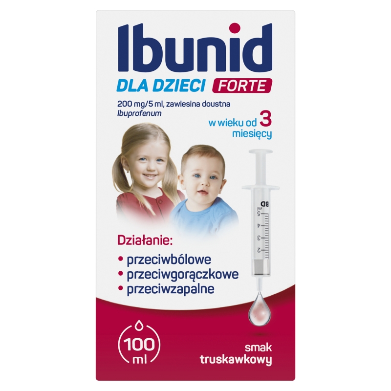 Ibunid dla dzieci Forte zawiesina doustna przeciwbólowa i przeciwgorączkowa o smaku truskawkowym, 100 ml