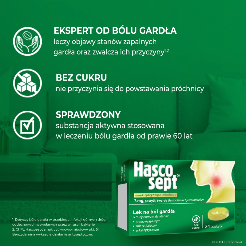Hascosept , pastylki na ból gardła o smaku cytrynowo-miodowym, 24 szt.