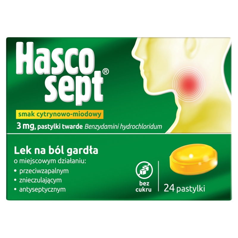 Hascosept  pastylki na ból gardła o smaku cytrynowo-miodowym, 24 szt.