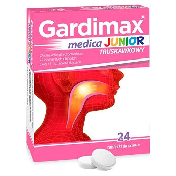 Gardimax Medica Junior, tabletki do ssania dla dzieci łagodzące ból gardła o smaku truskawkowym, 24 szt.