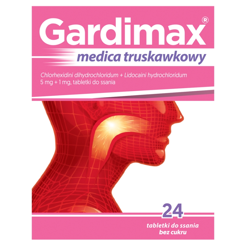 Gardimax Medica Junior tabletki do ssania dla dzieci łagodzące ból gardła o smaku truskawkowym, 24 szt.