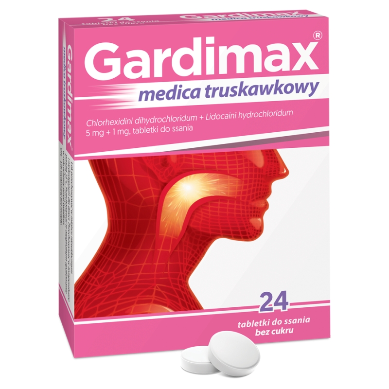 Gardimax Medica Junior, tabletki do ssania dla dzieci łagodzące ból gardła o smaku truskawkowym, 24 szt.
