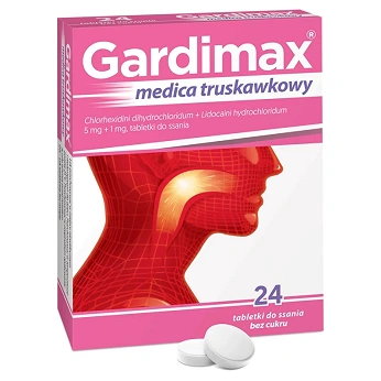 Gardimax Medica Junior, tabletki do ssania dla dzieci łagodzące ból gardła o smaku truskawkowym, 24 szt.