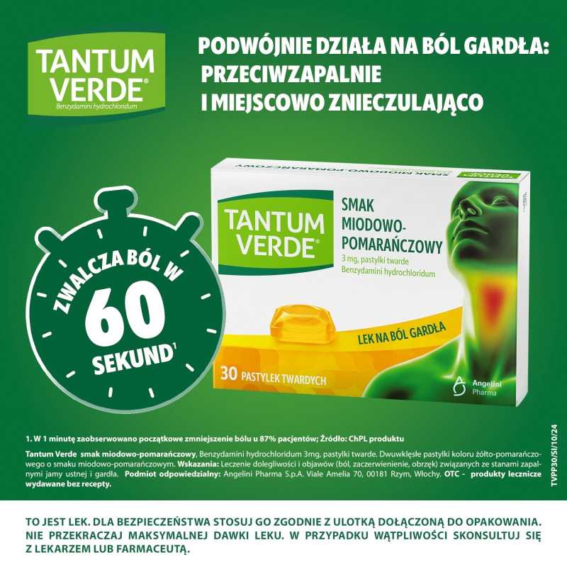 Tantum Verde, 30 pastylek do ssania, miodowo-pomarańczowe
