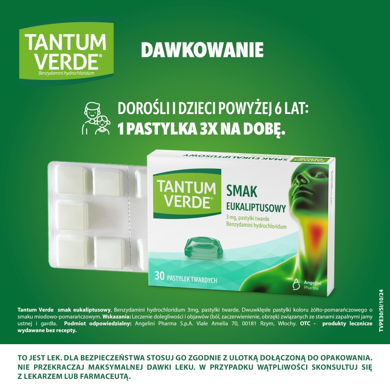 Tantum Verde  3 mg, smak eukaliptusowym, 30 pastylek