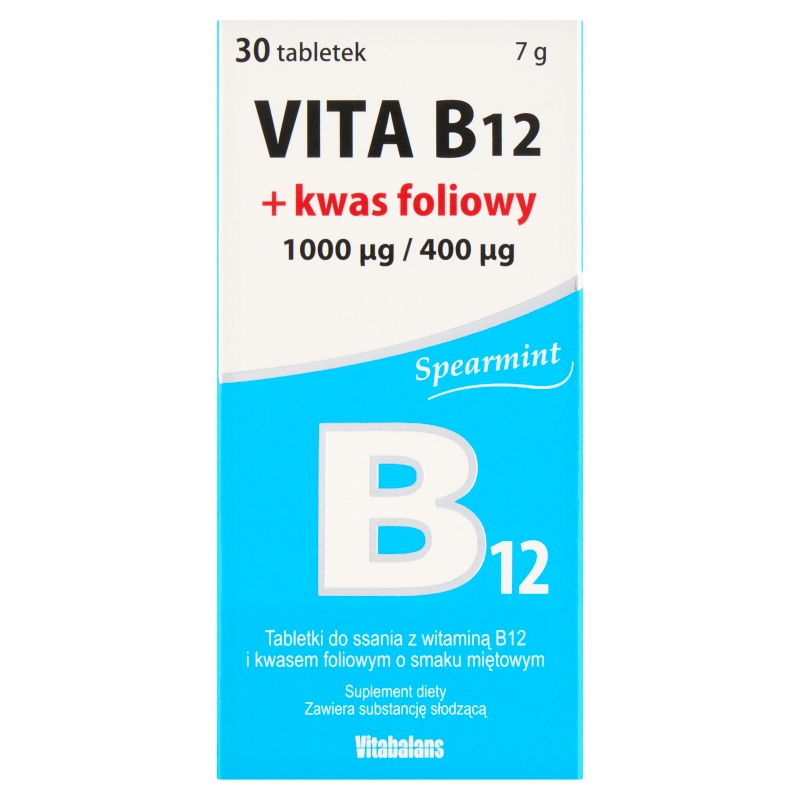 Vita B12 1000 mcg + Kwas foliowy 400 mcg 30 tabletek do ssania, miętowe