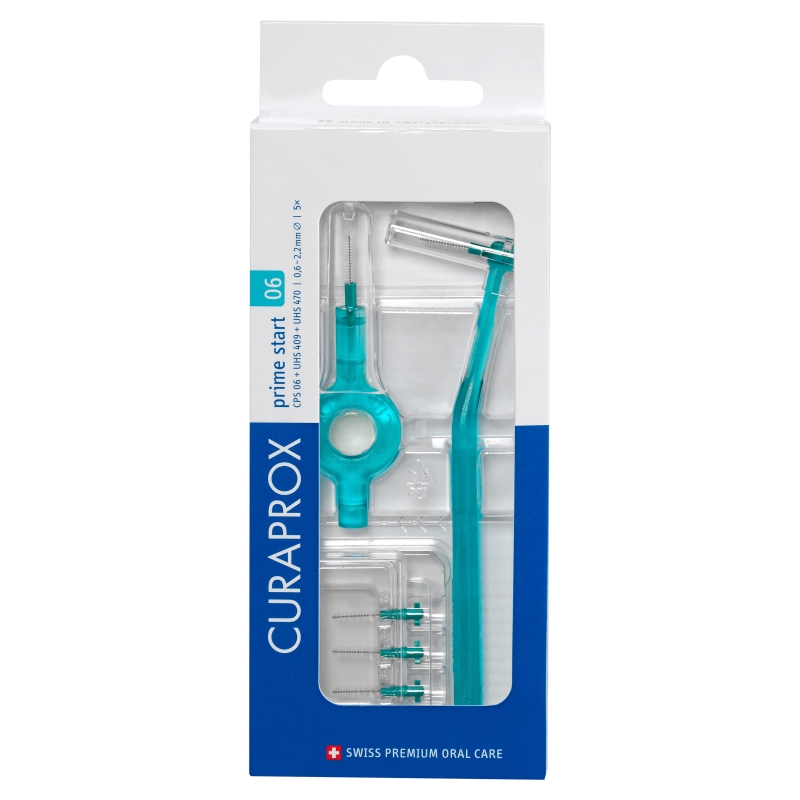 Curaprox CPS 06 Prime Start, zestaw: szczoteczki do czyszczenia przestrzeni międzyzębowych – 5 szt. + uchwyt UHS 409 – 1 szt. + uchwyt UHS 470 – 1 szt.