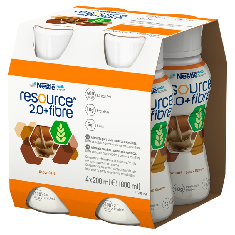 Zestaw Resource 2.0 FIBRE smak kawowy  płyn w stanach niedożywienia, 4 x 200 ml