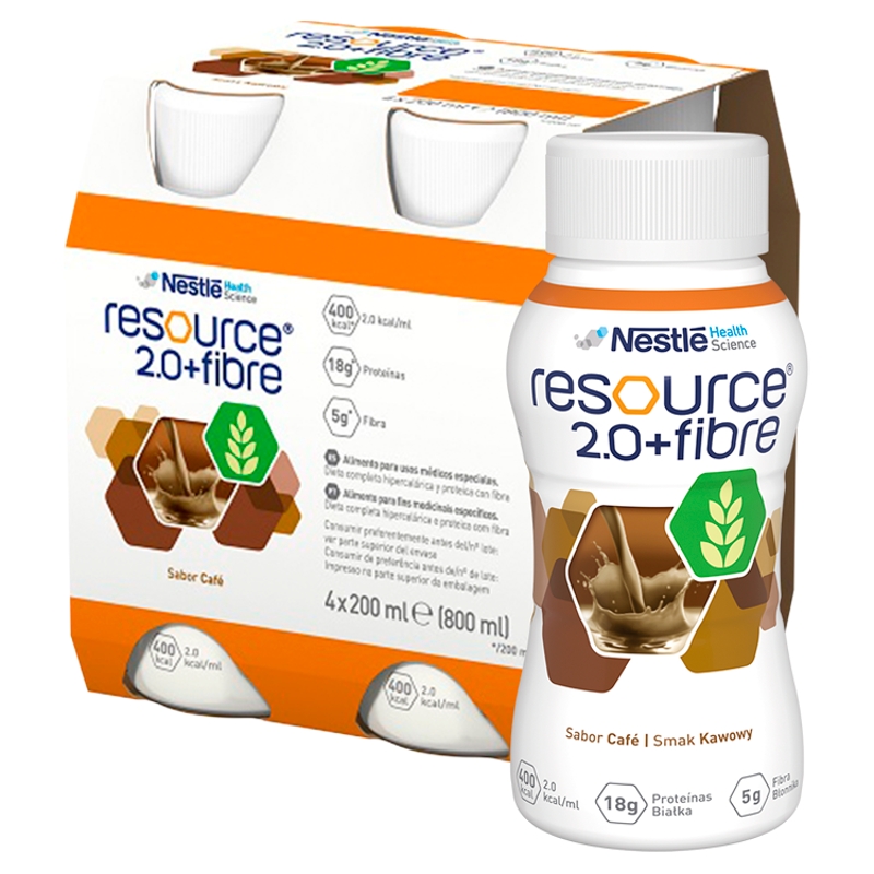 Zestaw Resource 2.0 FIBRE smak kawowy , płyn w stanach niedożywienia, 4 x 200 ml