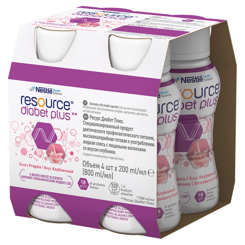 Resource Diabet Plus truskawkowy, 4 x 200 ml