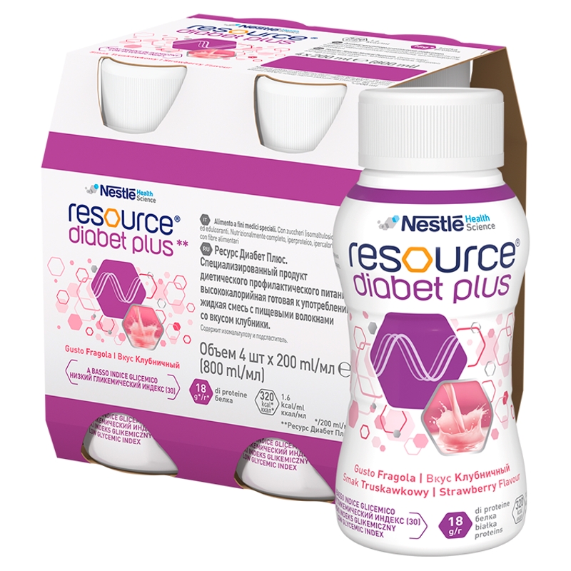 Resource Diabet Plus, truskawkowy, 4 x 200 ml
