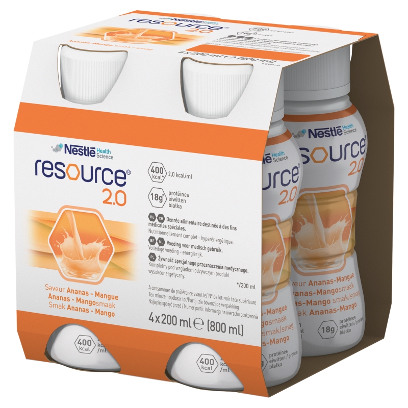 Zestaw Resource 2.0 smak ananas-mango  płyn w stanach niedożywienia, 4 x 200 ml
