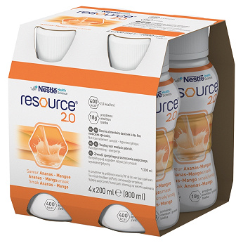 Zestaw Resource 2.0 smak ananas-mango , płyn w stanach niedożywienia, 4 x 200 ml