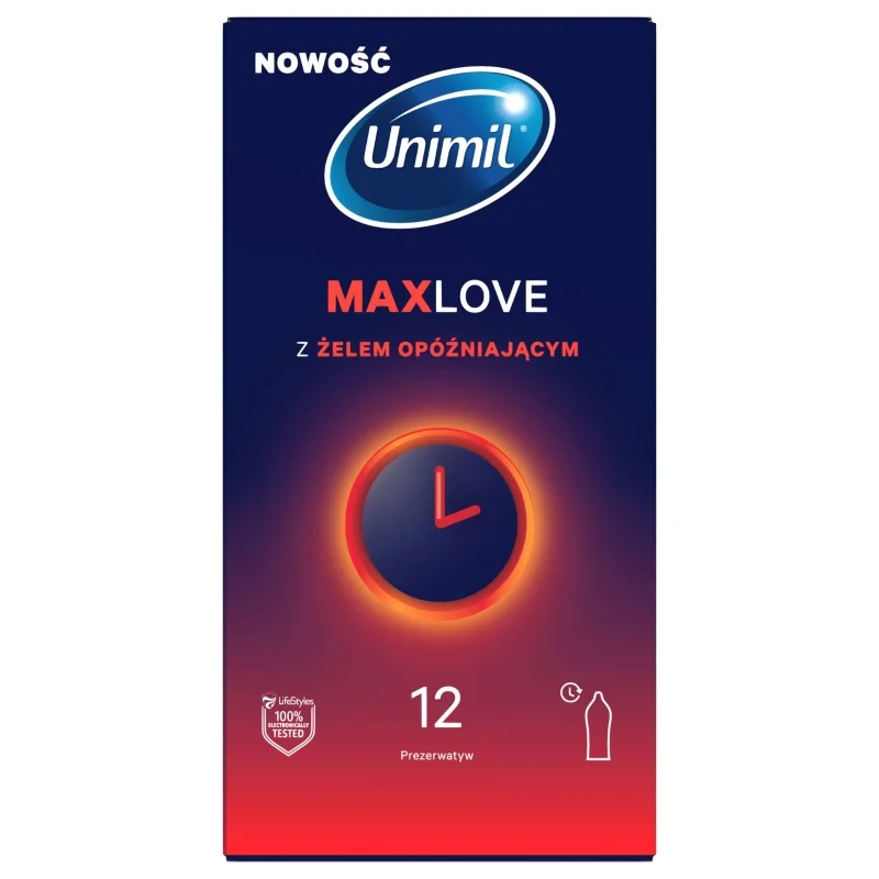 Unimil Max Love prezerwatywy z żelem opóźniającym, 12 szt.