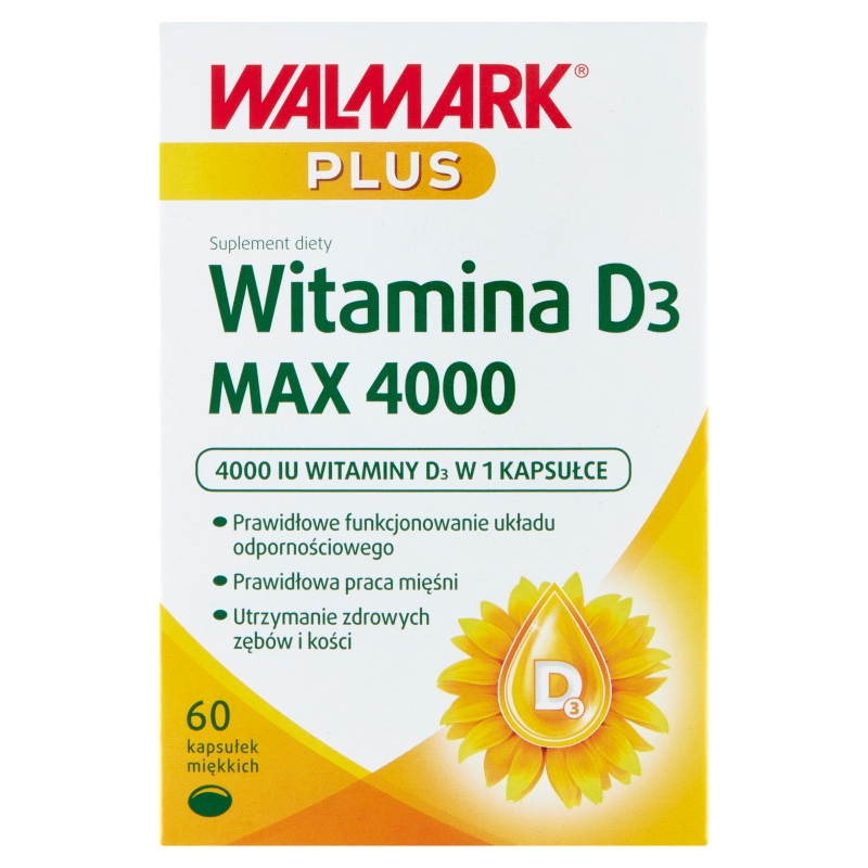 Walmark Plus Witamina D3 MAX 4000, kapsułki miękkie ze składnikami wspierającymi zdrowe kości, 60 szt.