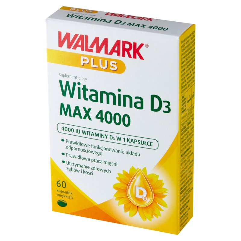Walmark Plus Witamina D3 MAX 4000, kapsułki miękkie ze składnikami wspierającymi zdrowe kości, 60 szt.