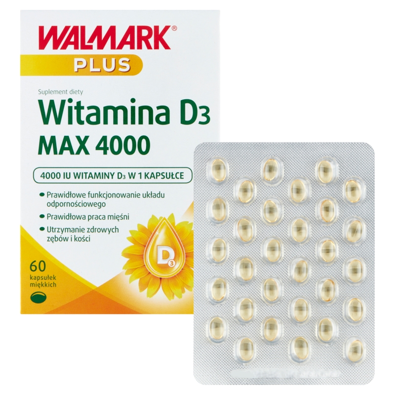 Walmark Plus Witamina D3 MAX 4000, kapsułki miękkie ze składnikami wspierającymi zdrowe kości, 60 szt.