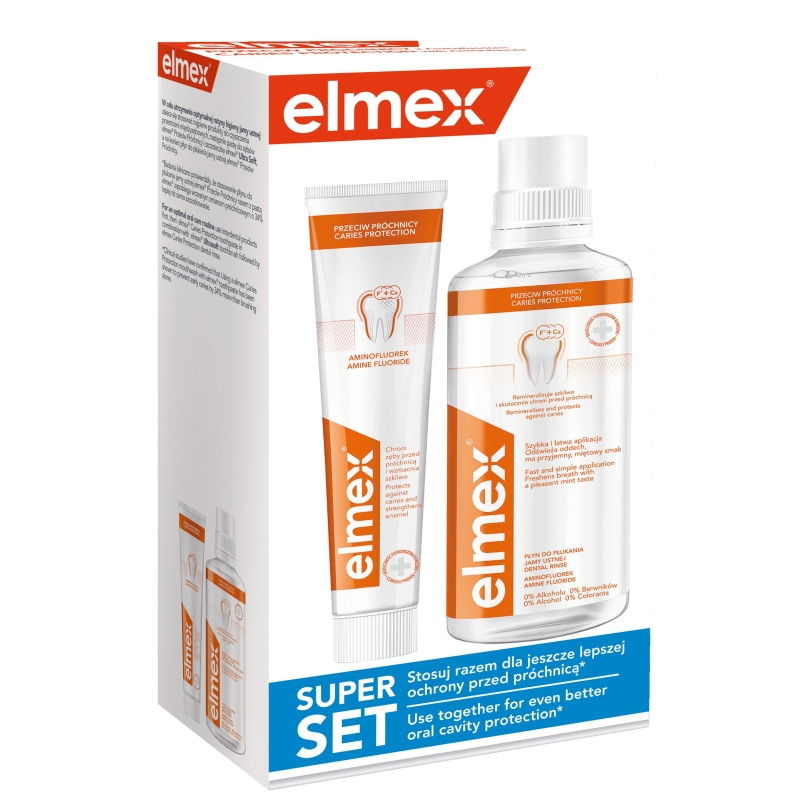 COLGATE-PALMOLIVE Elmex SuperSET Przeciw Próchnicy, zestaw: pasta, 75 ml + płyn do płukania jamy ustnej, 400 ml — Składniki i ocena