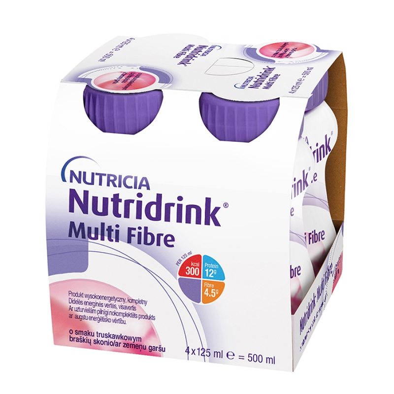 Nutridrink Multi Fibre o smaku truskawkowym, 4 x 125 ml