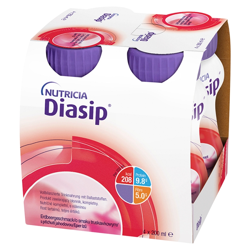 Diasip płyn o smaku truskawkowym, 4 szt. po 200 ml