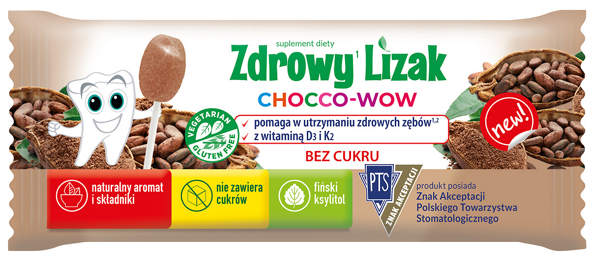 Zdrowy Lizak Mniam-Mniam Chocco-Wow, o smaku kakaowym, bez cukru, 1 szt.