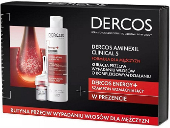 Vichy Derco, zestaw: Dercos Aminexil ampułki przeciw wypadaniu włosów – 6 ml x 21 szt. + Dercos Energy+ szampon wzmacniający, 200 ml, dla mężczyzn