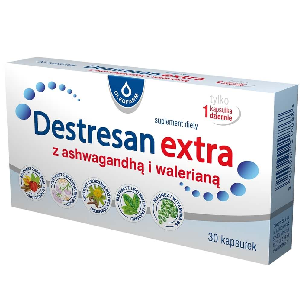 Destresan extra z ashwagandhą i walerianą, kapsułki ze składnikami wspomagającymi pamięć i odporność na stres, 30 szt.