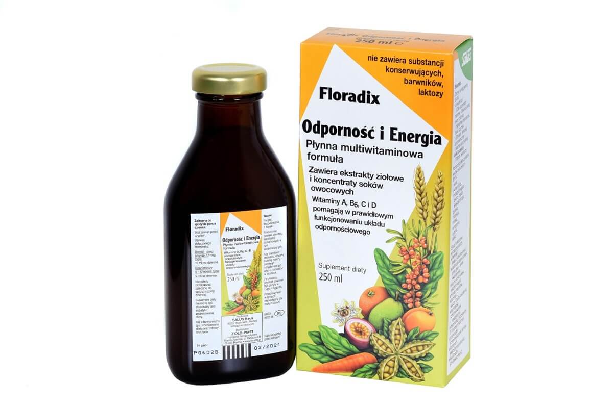 Floradix Odporność i Energia, płynna multiwitaminowa formuła z ekstraktami ziołowymi i koncentratami soków owocowych, 250 ml