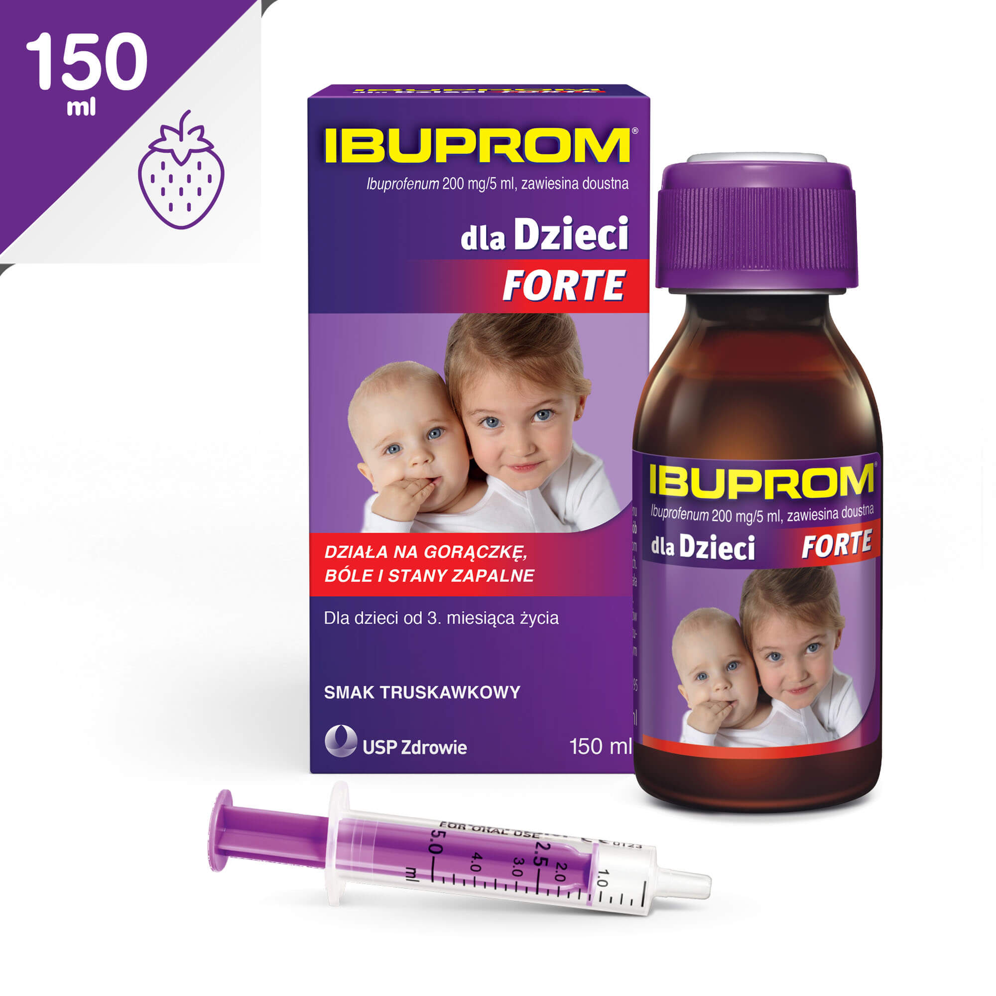 Ibuprom dla Dzieci Forte , zawiesina doustna na gorączkę u dzieci o smaku truskawkowym, 200 ml